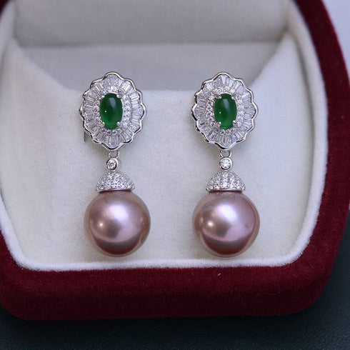 11-12mm Pearl CZ Green Gems Earrings - House Of Pearls