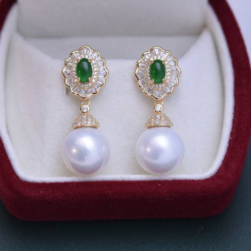 11-12mm Pearl CZ Green Gems Earrings - House Of Pearls