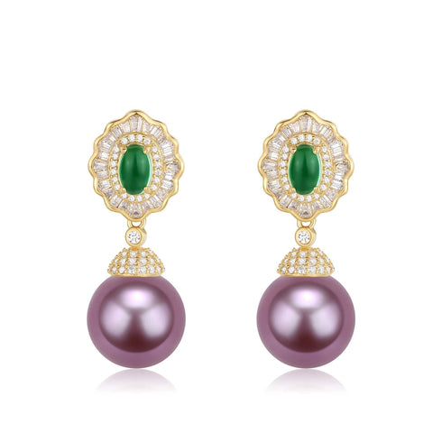 11-12mm Pearl CZ Green Gems Earrings - House Of Pearls