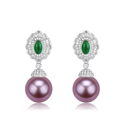 11-12mm Pearl CZ Green Gems Earrings - House Of Pearls