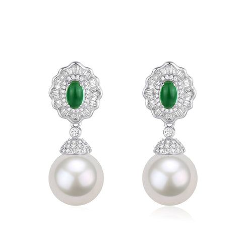 11-12mm Pearl CZ Green Gems Earrings - House Of Pearls