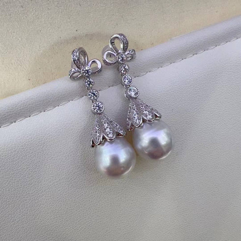12-13mm Freshwater Pearl & Vintage Bowknot Drop Earrings - Earrings made with hand-selected pearls from House of Pearls