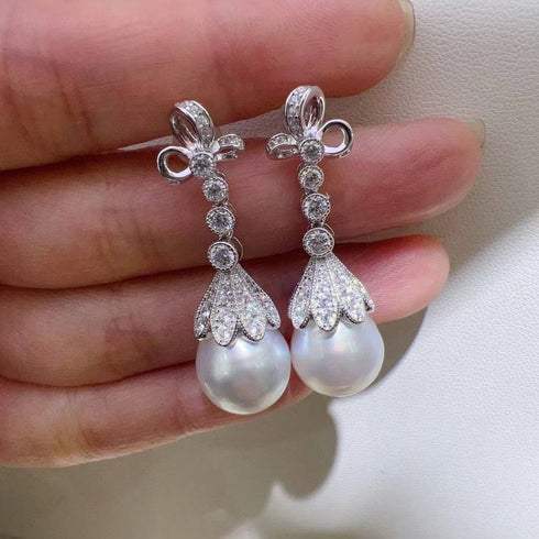 12-13mm Freshwater Pearl & Vintage Bowknot Drop Earrings - Earrings made with hand-selected pearls from House of Pearls
