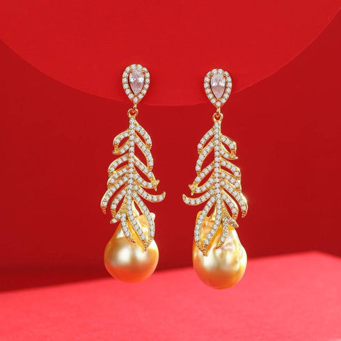 12-14mm Champagne Golden South Sea Baroque Pearl & Feather Earrings - House Of Pearls