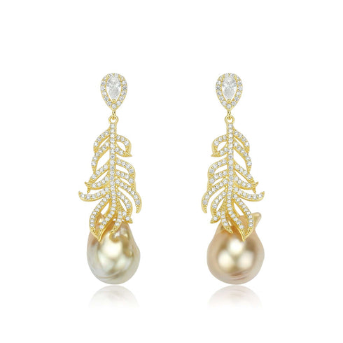 12-14mm Champagne Golden South Sea Baroque Pearl & Feather Earrings - House Of Pearls