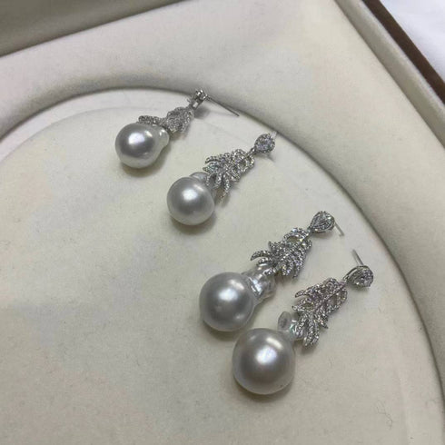 12-14mm Champagne Golden South Sea Baroque Pearl & Feather Earrings - House Of Pearls