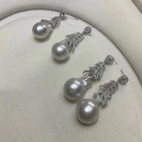 12-14mm White South Sea Baroque Pearl & Feather Earrings - House Of Pearls