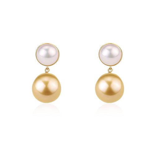 Golden South Sea Pearl Drop Mabe Pearl Earrings 18K Pure Gold - House Of Pearls