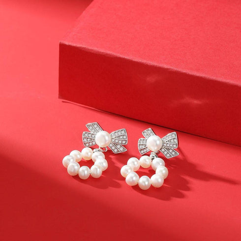 5-6mm Freshwater Pearl Wreath CZ Earrings - House Of Pearls