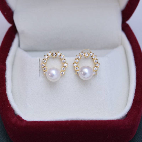 6-7mm Freshwater Pearl & Cubic Zirconia Halo Stud Earrings - House Of Pearls