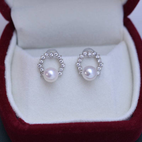 6-7mm Freshwater Pearl & Cubic Zirconia Halo Stud Earrings - House Of Pearls
