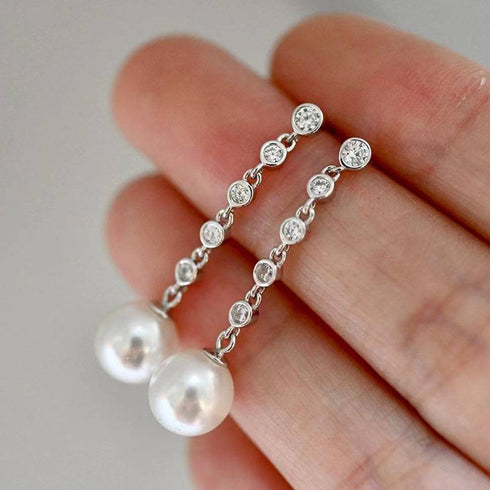 6-7mm Freshwater Pearl & Long Drop Cubic Zirconia Earrings - House Of Pearls