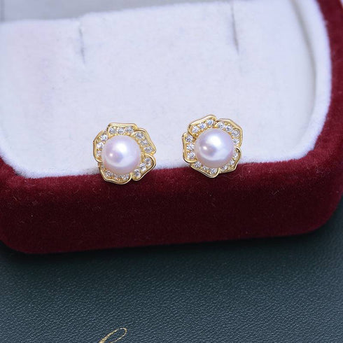 6-7mm Freshwater Pearl & Petal Rose Earrings - House Of Pearls