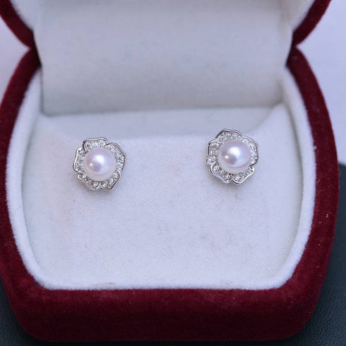 6-7mm Freshwater Pearl & Petal Rose Earrings - House Of Pearls
