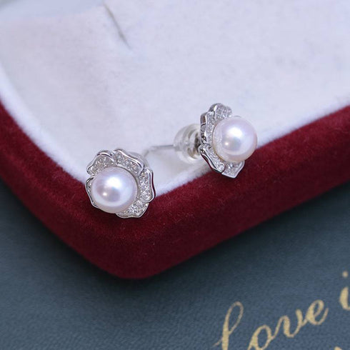 6-7mm Freshwater Pearl & Petal Rose Earrings - House Of Pearls