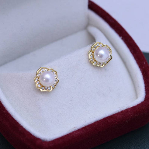 6-7mm Freshwater Pearl & Petal Rose Earrings - House Of Pearls