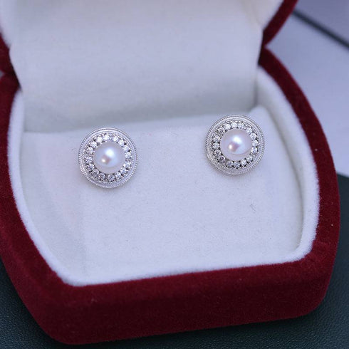 6-7mm White Freshwater Pearl & Sunflower Stud Earrings - House Of Pearls