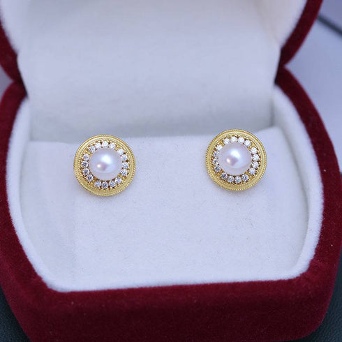 6-7mm White Freshwater Pearl & Sunflower Stud Earrings - House Of Pearls