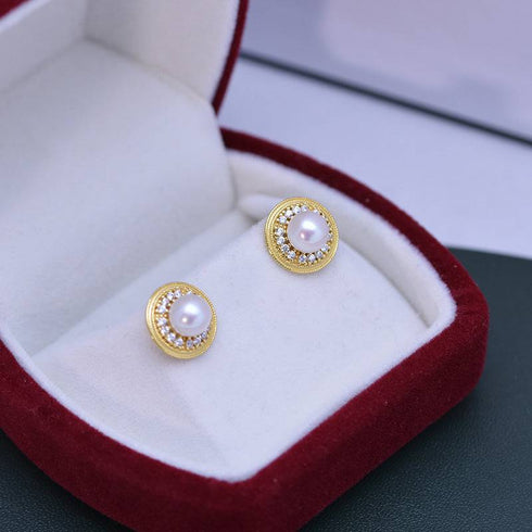 6-7mm White Freshwater Pearl & Sunflower Stud Earrings - House Of Pearls