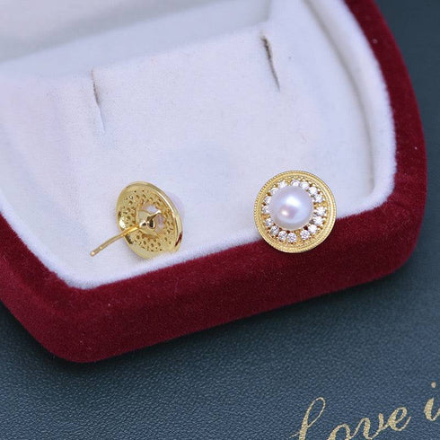 6-7mm White Freshwater Pearl & Sunflower Stud Earrings - House Of Pearls