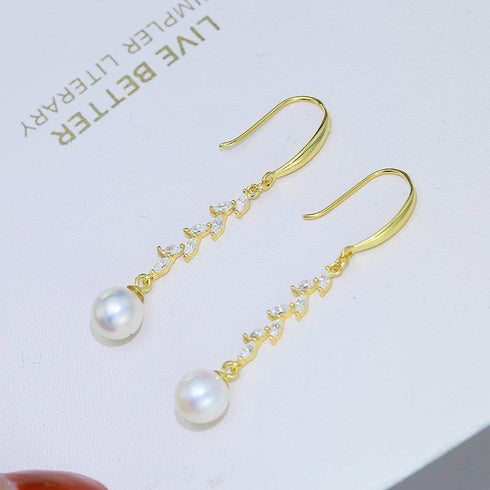 8-9mm Freshwater Pearl & Long Leaf Cubic Zirconia Earrings - House Of Pearls