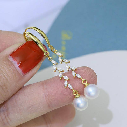 8-9mm Freshwater Pearl & Long Leaf Cubic Zirconia Earrings - House Of Pearls