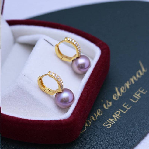 9-10mm Purple Freshwater Pearl & CZ Earrings - House Of Pearls