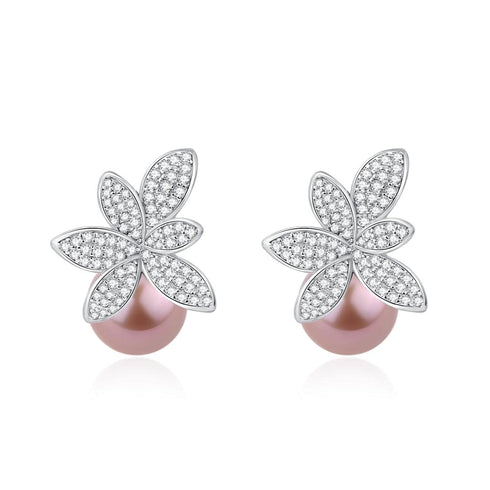 9-10mm Purple Freshwater Pearl & Floral Stud Earrings - House Of Pearls