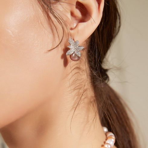 9-10mm Purple Freshwater Pearl & Floral Stud Earrings - House Of Pearls