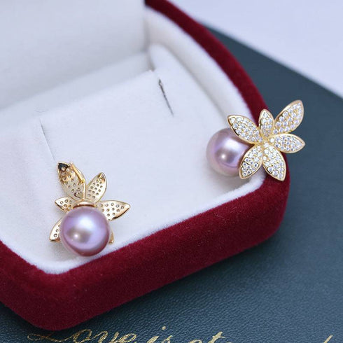 9-10mm Purple Freshwater Pearl & Floral Stud Earrings - House Of Pearls