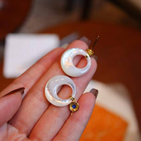 Blue Lapis Lazuli Circle Mother of Pearls Earrings Gold Vermeil - House Of Pearls