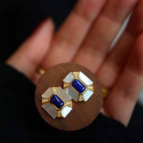 Blue Lapis Lazuli Dennis Gem Mother of Pearls Gold Vermeil Earrings - House Of Pearls