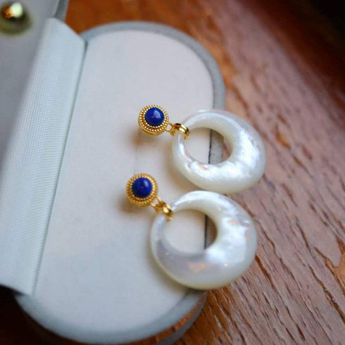Blue Lapis Lazuli Circle Mother of Pearls Earrings Gold Vermeil - House Of Pearls