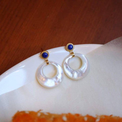 Blue Lapis Lazuli Circle Mother of Pearls Earrings Gold Vermeil - House Of Pearls