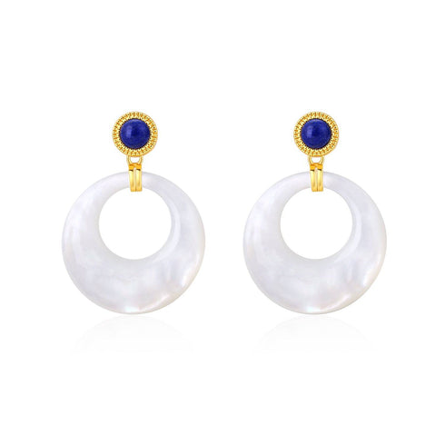 Blue Lapis Lazuli Circle Mother of Pearls Earrings Gold Vermeil - House Of Pearls