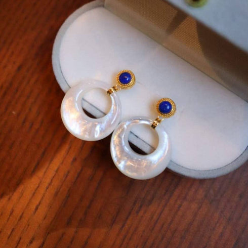 Blue Lapis Lazuli Circle Mother of Pearls Earrings Gold Vermeil - House Of Pearls