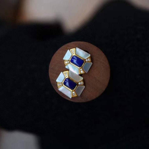 Blue Lapis Lazuli Dennis Gem Mother of Pearls Gold Vermeil Earrings - House Of Pearls