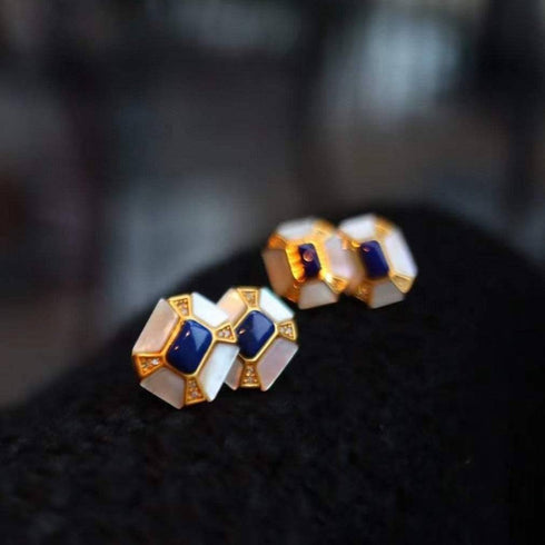 Blue Lapis Lazuli Dennis Gem Mother of Pearls Gold Vermeil Earrings - House Of Pearls