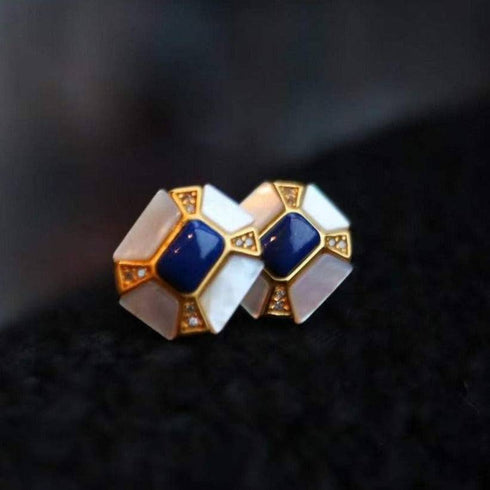 Blue Lapis Lazuli Dennis Gem Mother of Pearls Gold Vermeil Earrings - House Of Pearls
