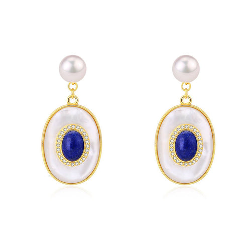 Blue Lapis Lazuli Mother of Pearls Earrings Gold Vermeil - House Of Pearls
