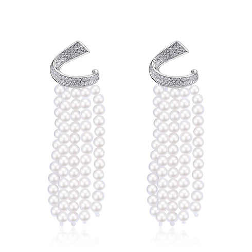 Curved Cubic Zirconia & Multi-Chain Pearl Earrings - Earrings made with hand-selected pearls from House of Pearls