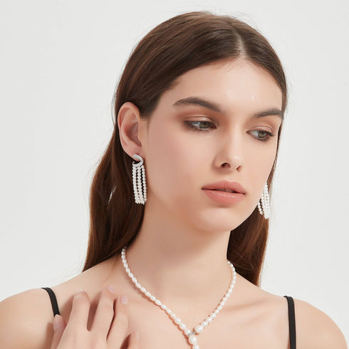 Curved Cubic Zirconia & Multi-Chain Pearl Earrings - Earrings made with hand-selected pearls from House of Pearls