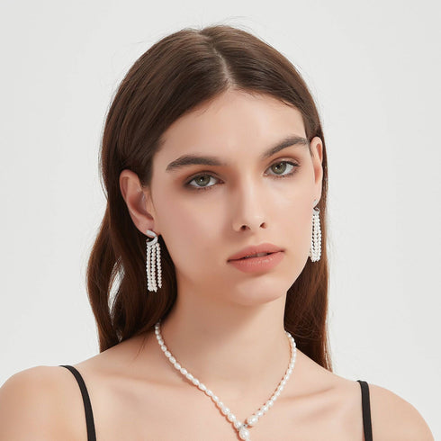 Curved Cubic Zirconia & Multi-Chain Pearl Earrings - Earrings made with hand-selected pearls from House of Pearls