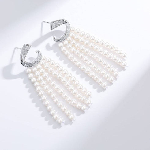 Curved Cubic Zirconia & Multi-Chain Pearl Earrings - Earrings made with hand-selected pearls from House of Pearls