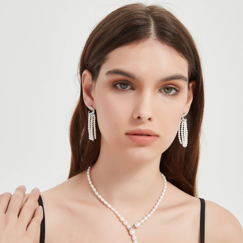 Curved Cubic Zirconia & Multi-Chain Pearl Earrings - Earrings made with hand-selected pearls from House of Pearls