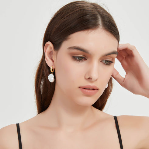 Large Baroque Pearl Hoop Earrings Matte Gold Finish - House Of Pearls