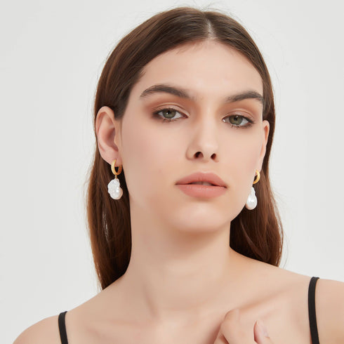 Large Baroque Pearl Hoop Earrings Matte Gold Finish - House Of Pearls