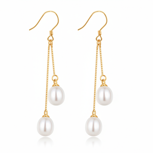 Earrings: pair of gold-tone dual-drop freshwater pearl dangle earrings with white pearls