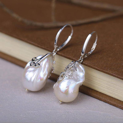 Flower White Freshwater Baroque Pearl Earrings Sterling Silver - House Of Pearls