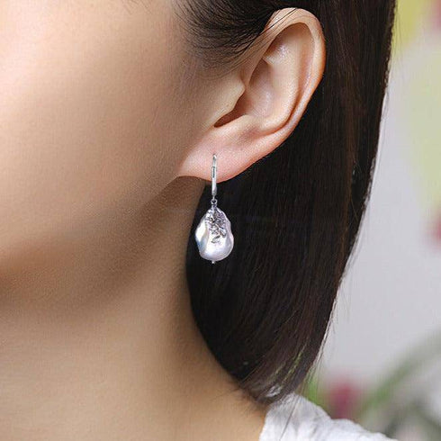 Flower White Freshwater Baroque Pearl Earrings Sterling Silver - House Of Pearls